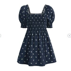 Hill House Youth Athena Nap Mini Dress Navy White Floral Pattern Puff Sleeves TN